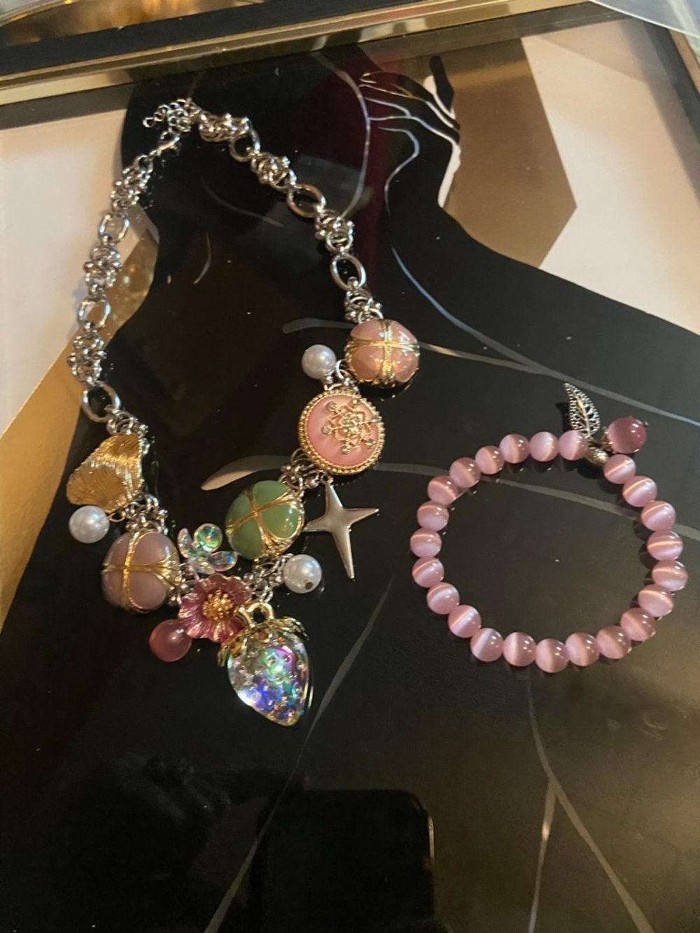Pink Multi-Charm Women's Necklace and Cats Eye Bracelet Set - Picture 4 of 11
